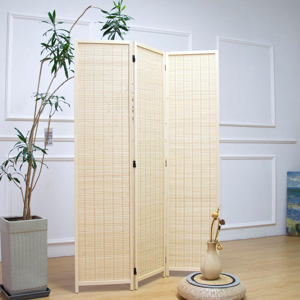 Furnnylane 3 Panel Room Divider and Folding Panel Screen,Bamboo Panel Divider Screen for Room Separation,Beige,67" H x 46" W