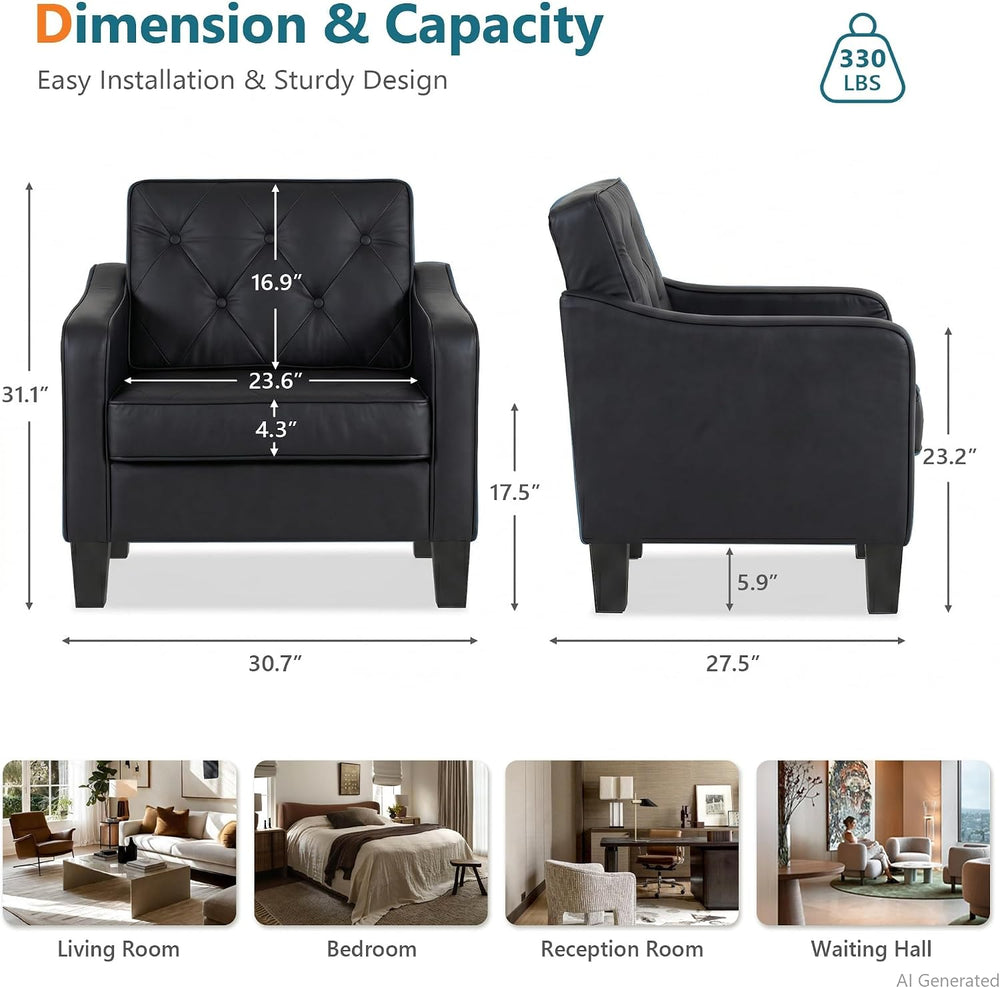 Black Tufted Leather Accent Chairs Set 2, Wide Armchairs Living Room Office