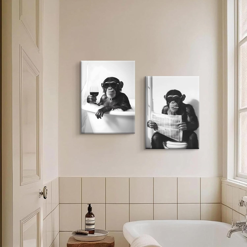 2Pcs Funny Monkey Bathroom Wall Art Chimpanzee in Bathtub Wall Decor Black an...