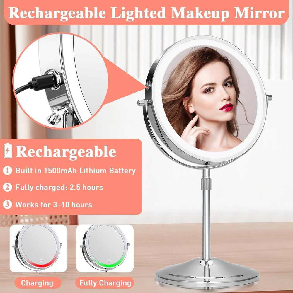 Lighted Makeup Mirror with Magnification, 10X 8’’Rechargeable Double Sided Va...