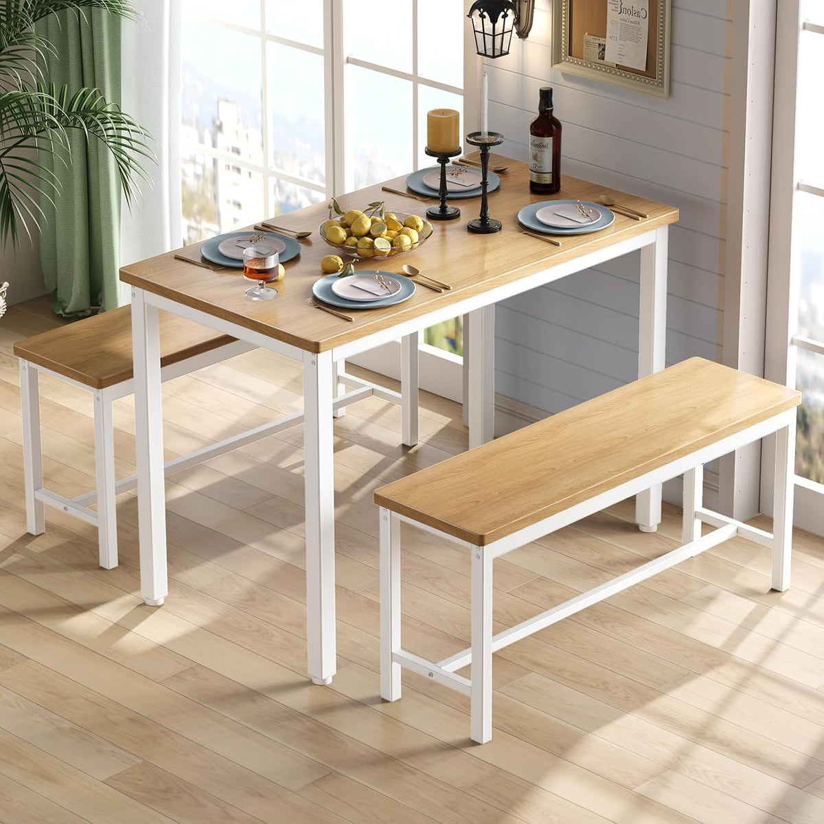 Tatub Dining Table Set for 4, 3-Piece Kitchen Table with 2 Benches, Space-Saving Dining Room Table Set for Breakfast Nook and Small Spaces, Original