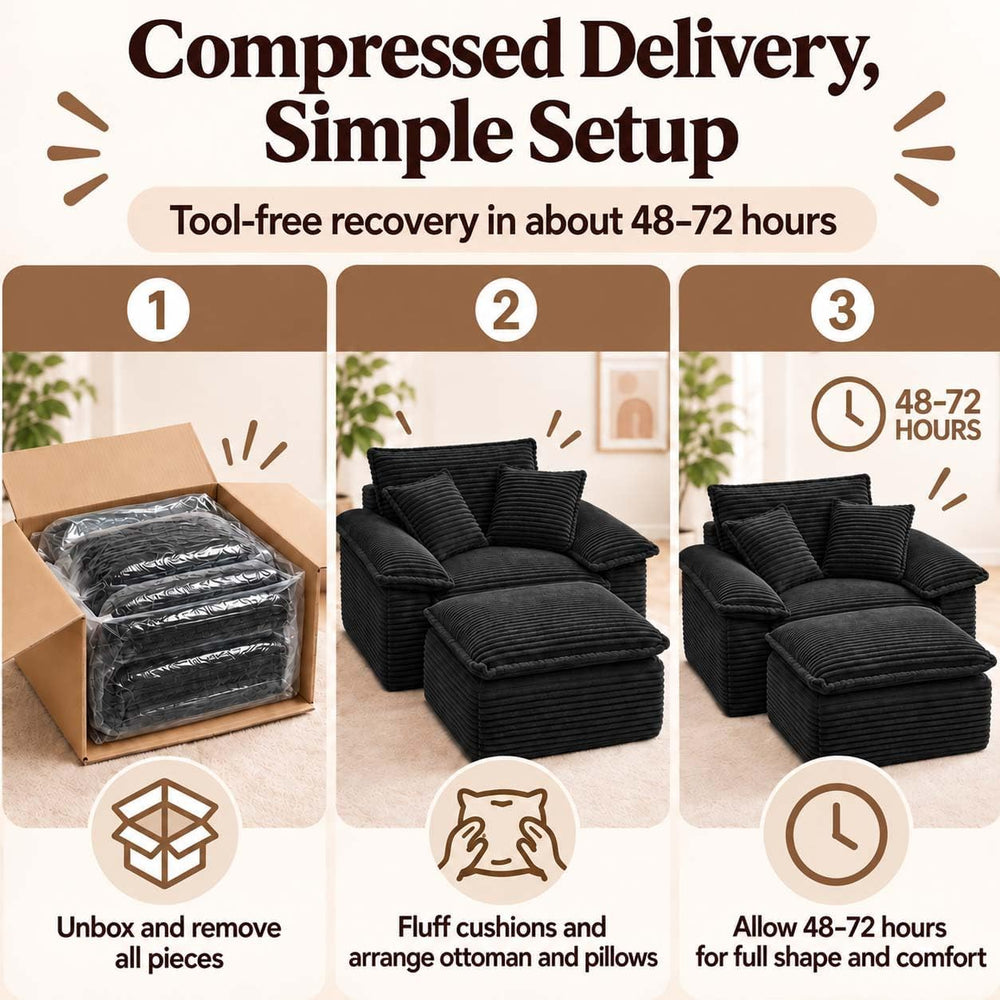 Black Oversized Chair with Ottoman, Boneless Corduroy Reading Chair