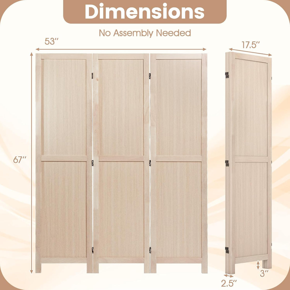 GIANTEX 3 Panel Folding Wooden Room Divider 67" Tall, No Assembly