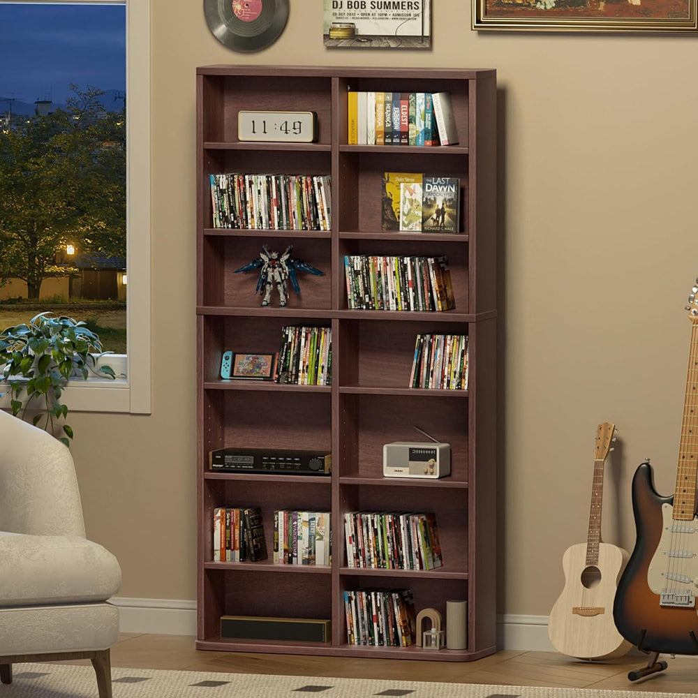 LELELINKY 7 Tier Tall Display Cabinet, Walnut Media Storage Cabinet