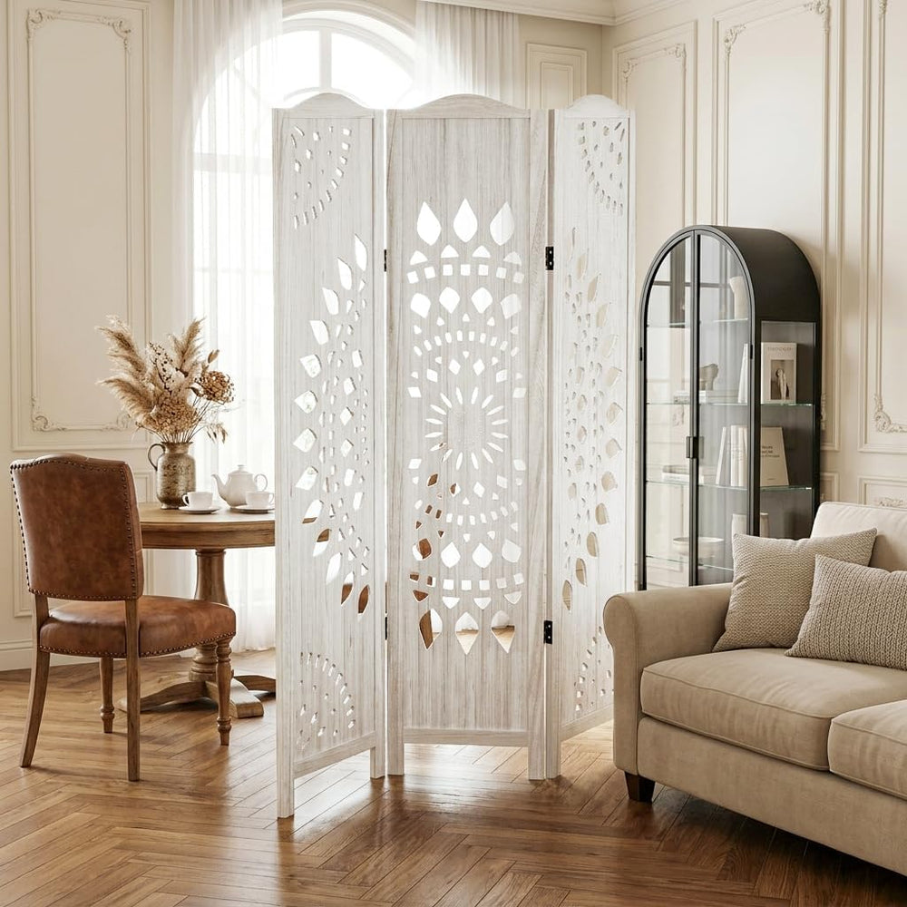 Room Divider 3 Panels,5.62FT Tall Boho Folding Wood Privacy Screen