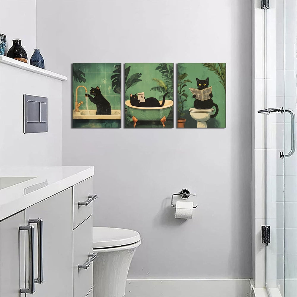 Funny Bathroom Black Cat Wall Art Set of 3, Whimsical Animal Bathroom Wall De...