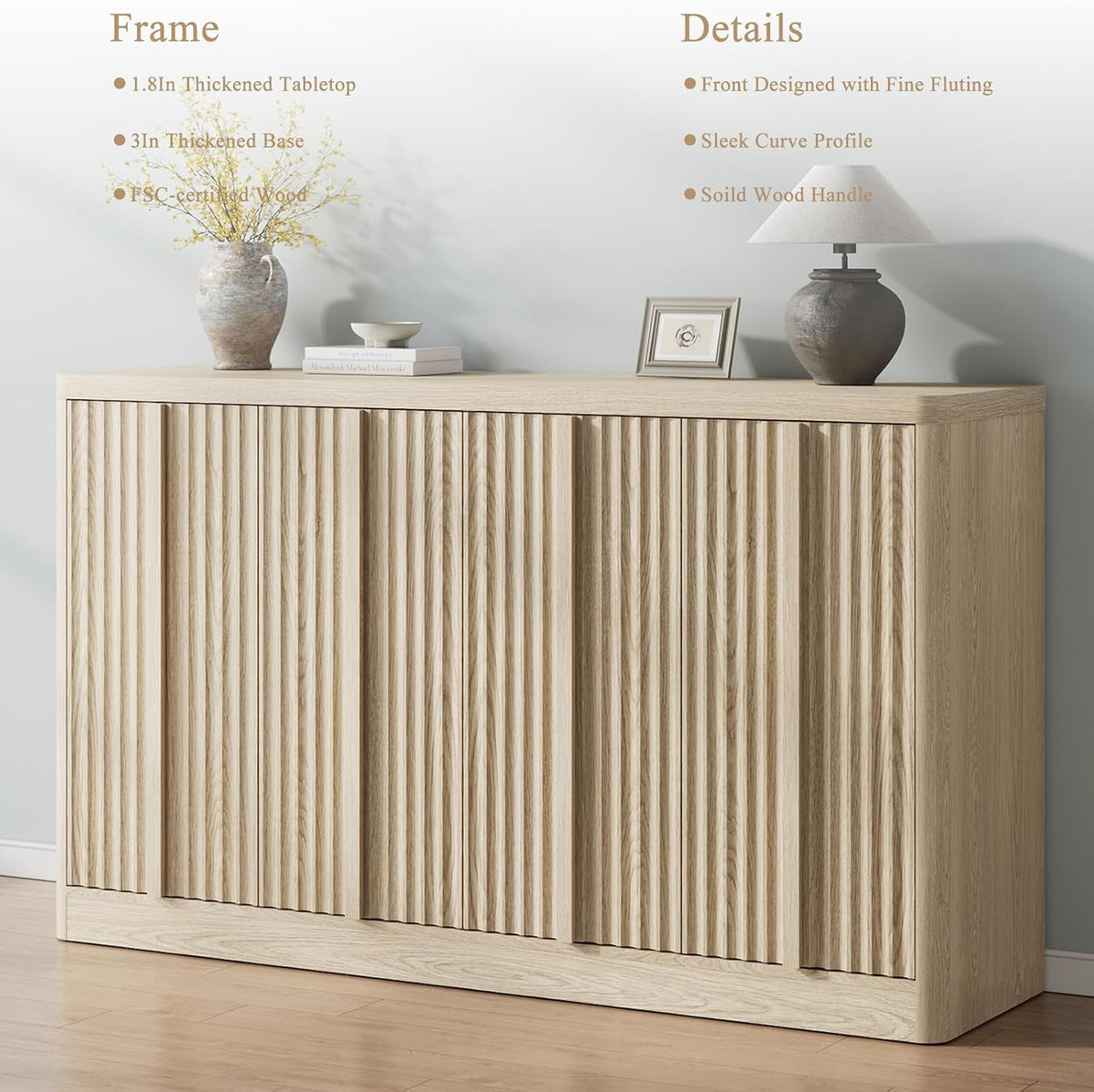 Fluted Buffet Cabinet with Storage, 60" Sideboard Buffet Storage Cabinet with 4 Doors & Adjustable Shelves, Wood Coffee Bar Credenza Storage Cabinet for Kitchen, Living Room, Natural Oak(1PCS)
