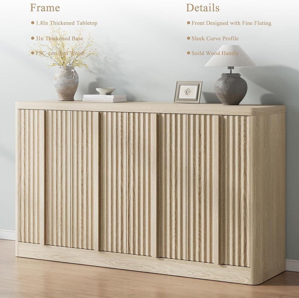 60" Fluted Sideboard Buffet Cabinet with Solid Wood Handles, Natural(1PC)