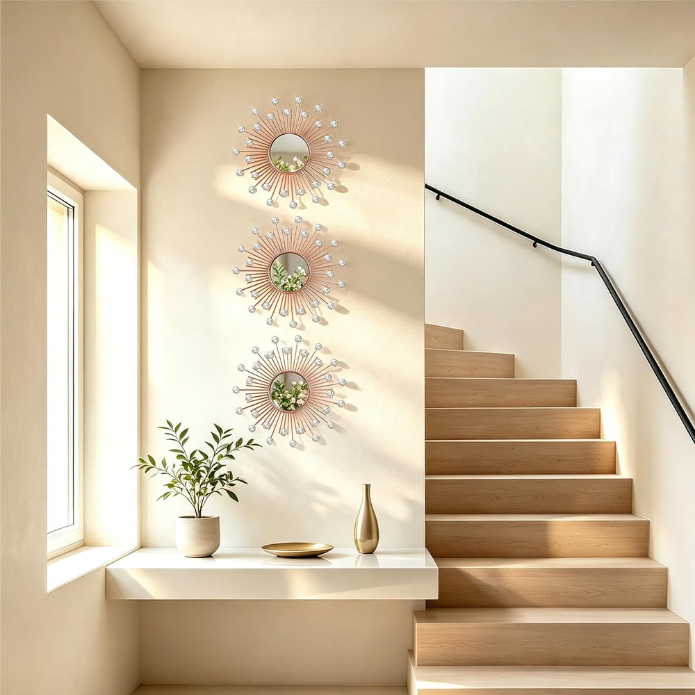 3 Pack Metal Mirrors for Wall Sunburst Wall Mirror Rose Gold Crystal Décor