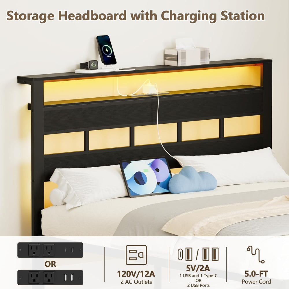 Furnulem Full Size Bed Frame, Storage Headboard, LED & Charger, Black Oak
