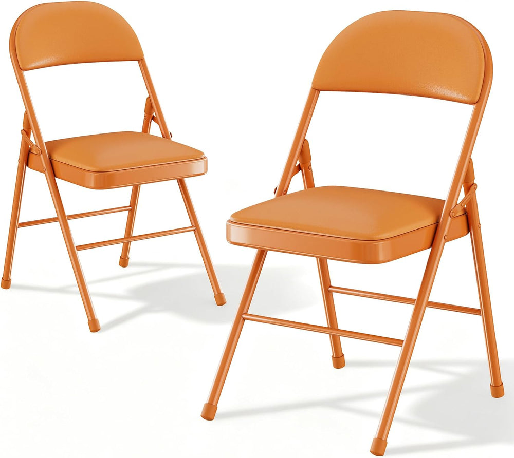 VECELO Folding Chairs Set of 2, Faux Leather Padded, Orange