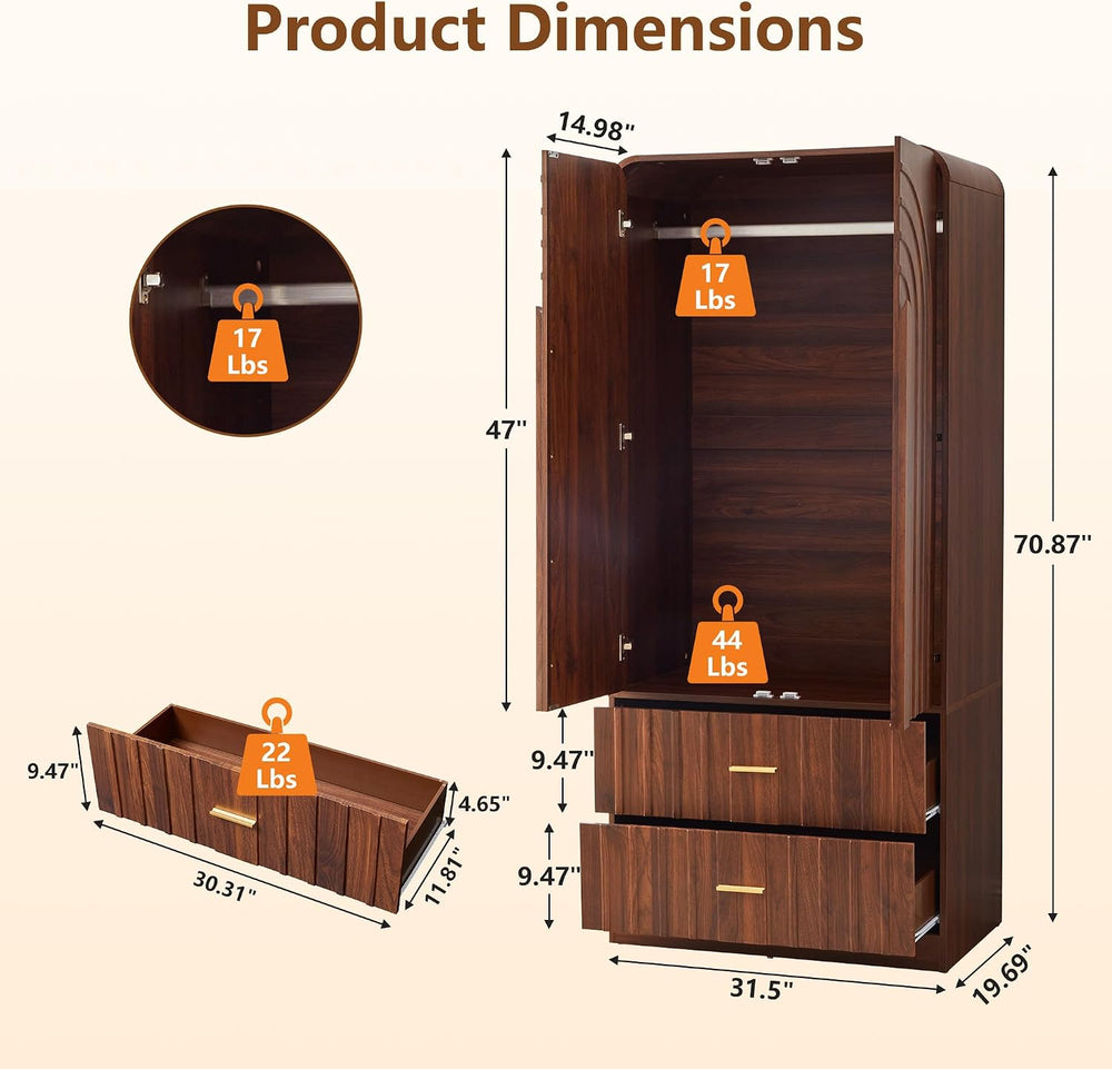 ORRD Freestanding Armoire Wardrobe Closet with Arched Fluted 2 Doors and 2 St...