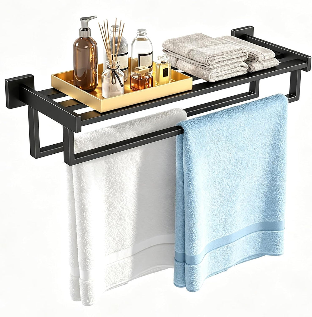 STWWO Towel Racks with Shelf for Bathroom Wall Mounted, 24 Inch, Black