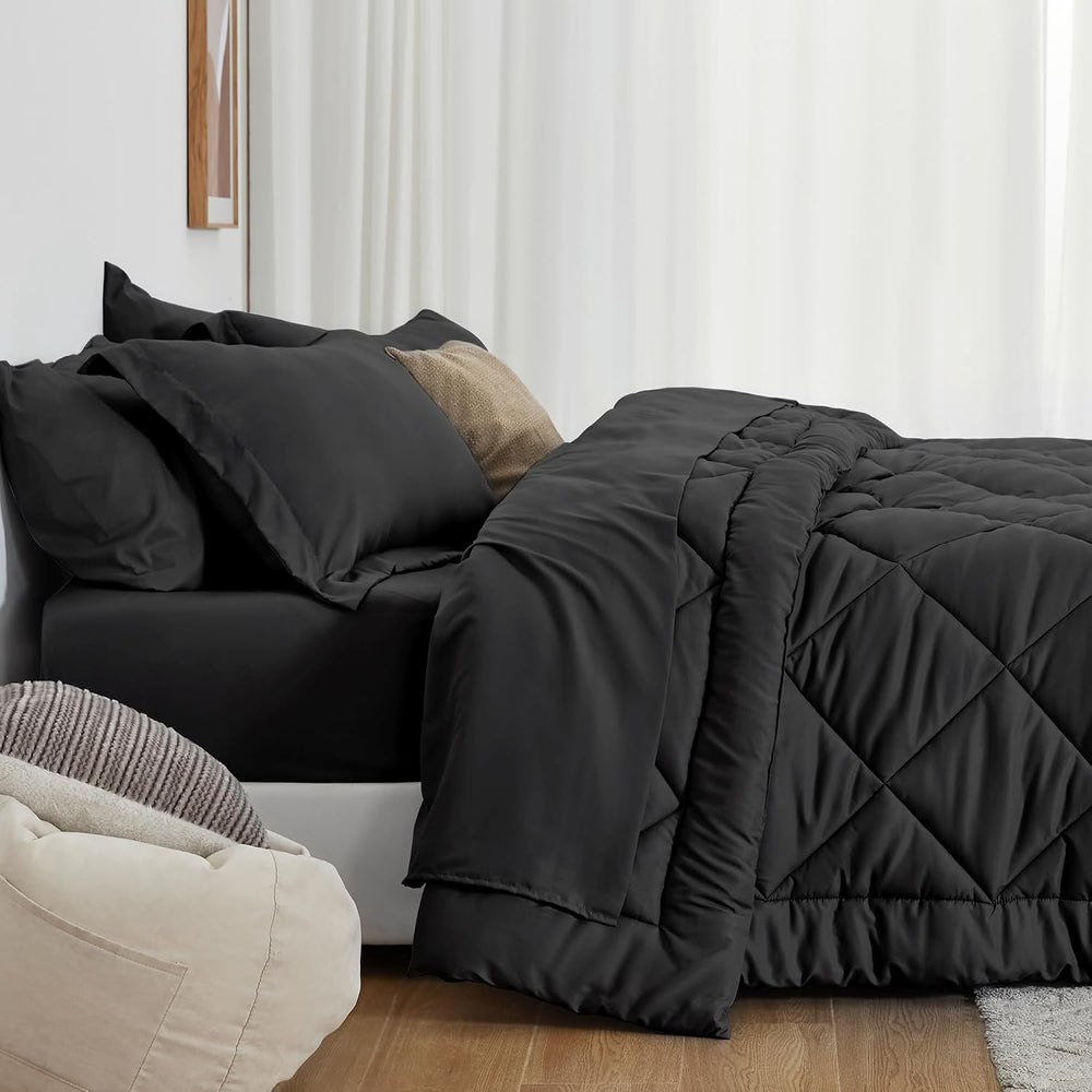 Love's cabin Queen Comforter Set, 7 Pieces Bed in a Bag, Black