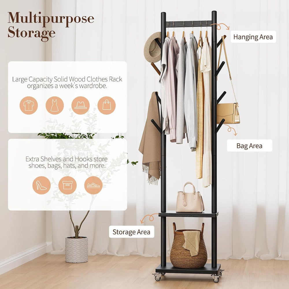 Yoobure Solid Wood Coat Rack Freestanding - Rolling Clothes Rack with 8 Hooks...