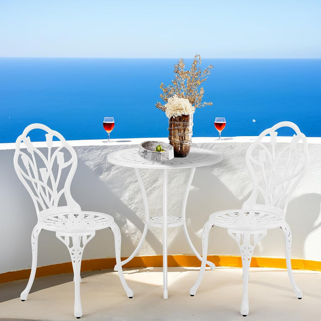VINGLI 3 PCS Outdoor Bistro Set, Outdoor Patio Set, All-Weather Cast Aluminum Bistro Table Set, Bistro Table and Chairs Set of 2 for Backyard, Garden, Balcony (White, Tulip)