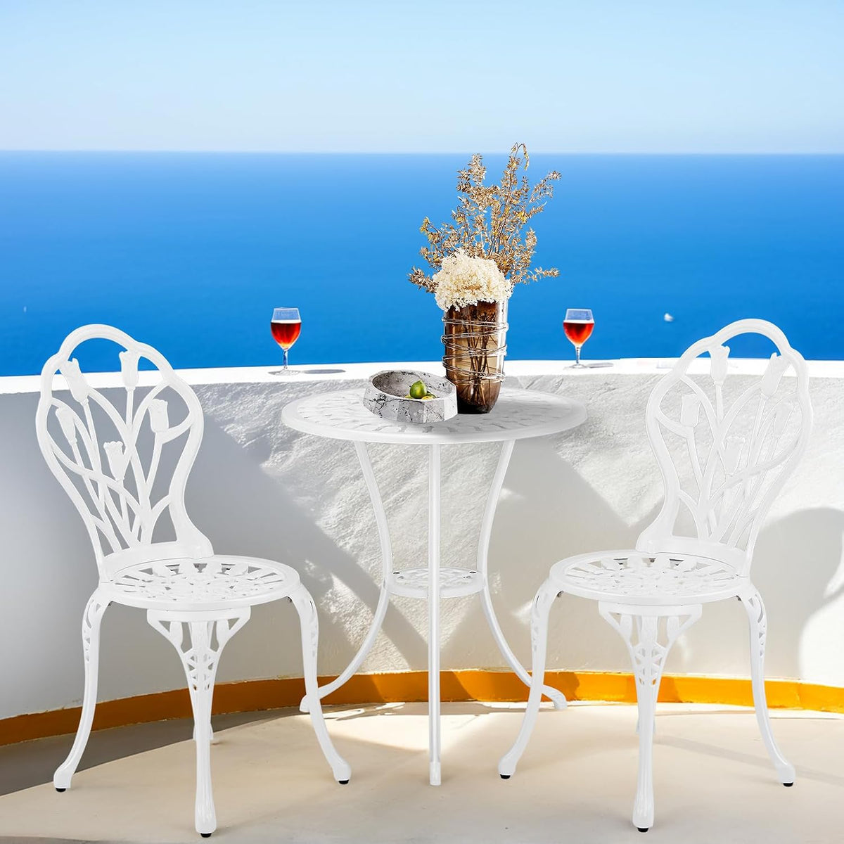 VINGLI 3 PCS Outdoor Bistro Set, Outdoor Patio Set, All-Weather Cast Aluminum Bistro Table Set, Bistro Table and Chairs Set of 2 for Backyard, Garden, Balcony (White, Tulip)