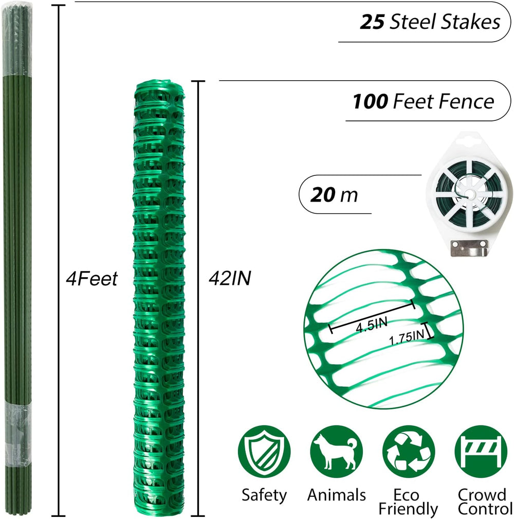 Safety Fence Plastic Mesh Fencing Roll,1 Roll with 25 Steel Stakes