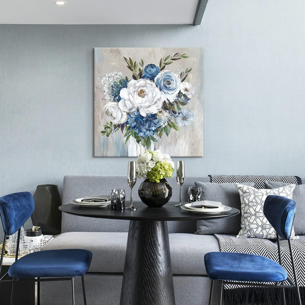 Goldfoilart Blue Flower Wall Art for Living Room White Floral Canvas Pictures...