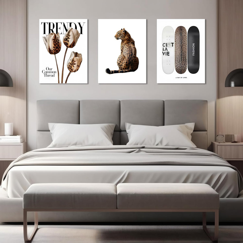 Trendy Leopard Canvas Wall Art Set of 3 Cheetah Printed Preppy Fashion Skateb...