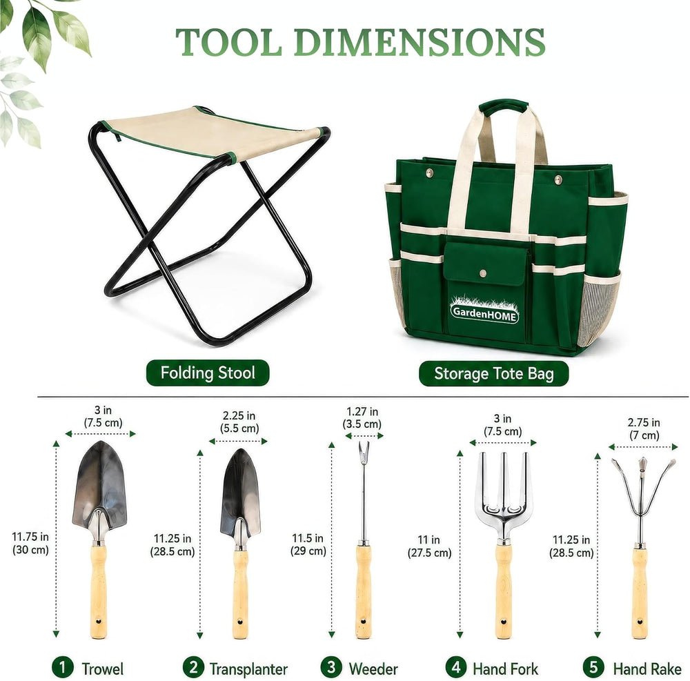 GardenHOME 7-Piece Garden Tool Set with Folding Stool & Storage Tote