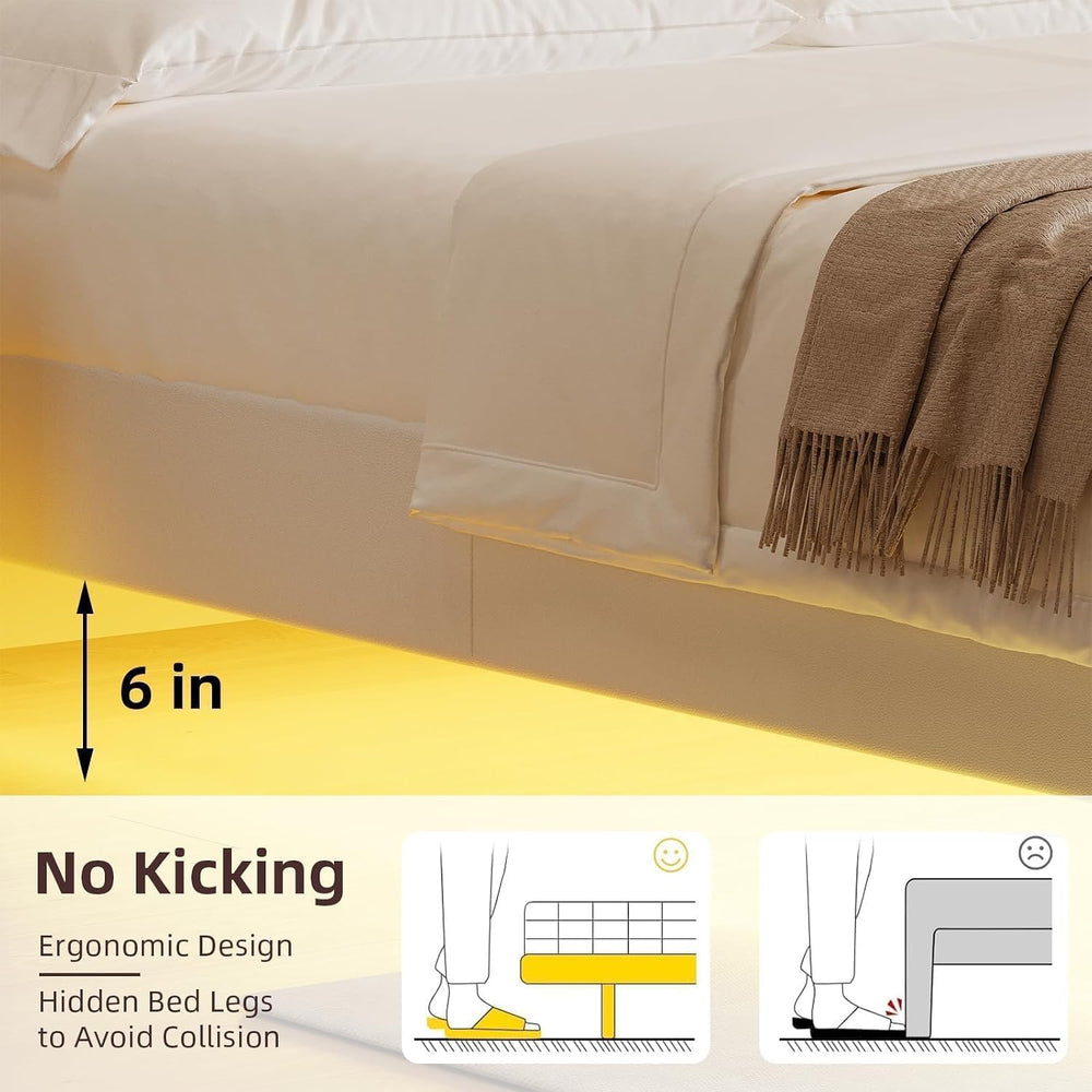 Floating Bed Frame Queen with LED Lights and Diamond Headboard,White