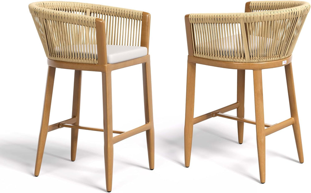 PURPLE LEAF 4 PCS Outdoor Height Bar Stools Rattan with Cushion, Teak