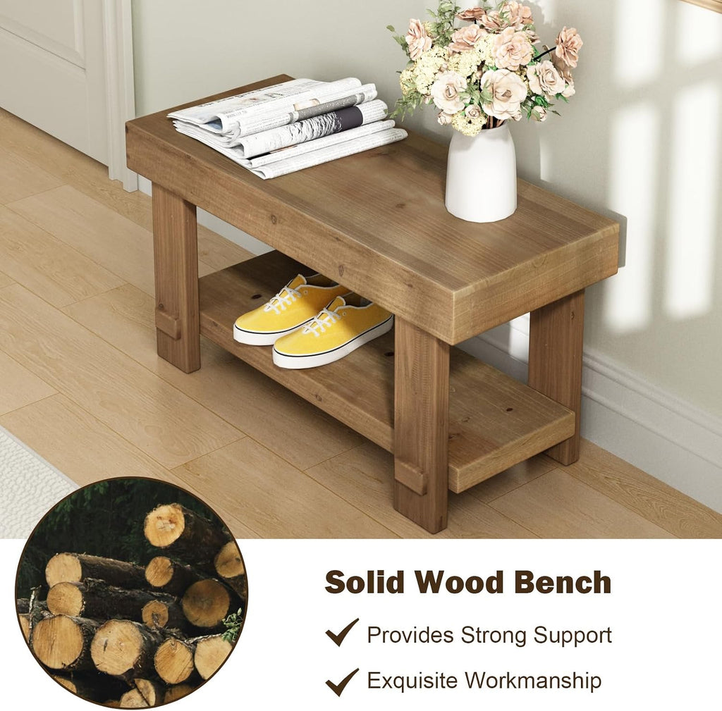 31.5" Solid Wood Bench, Small Farmhouse Narrow Storage Bench, Natural | with Storage Shelf, Rustic, Easy Assembly, for Indoor, Entryway, Dining Room, Living Room and Hallway
