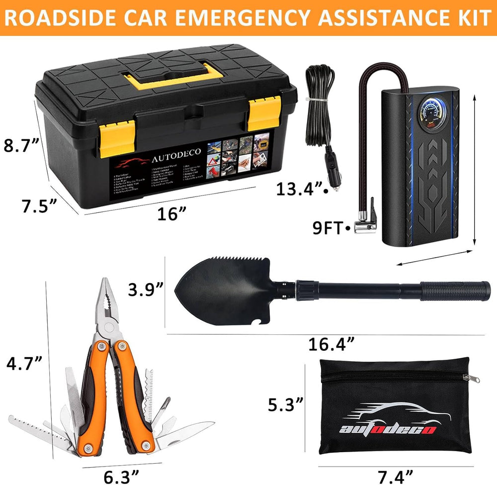 98 PCS Roadside Car Emergency Assistance Kit with Portable Air Compressor Jum...
