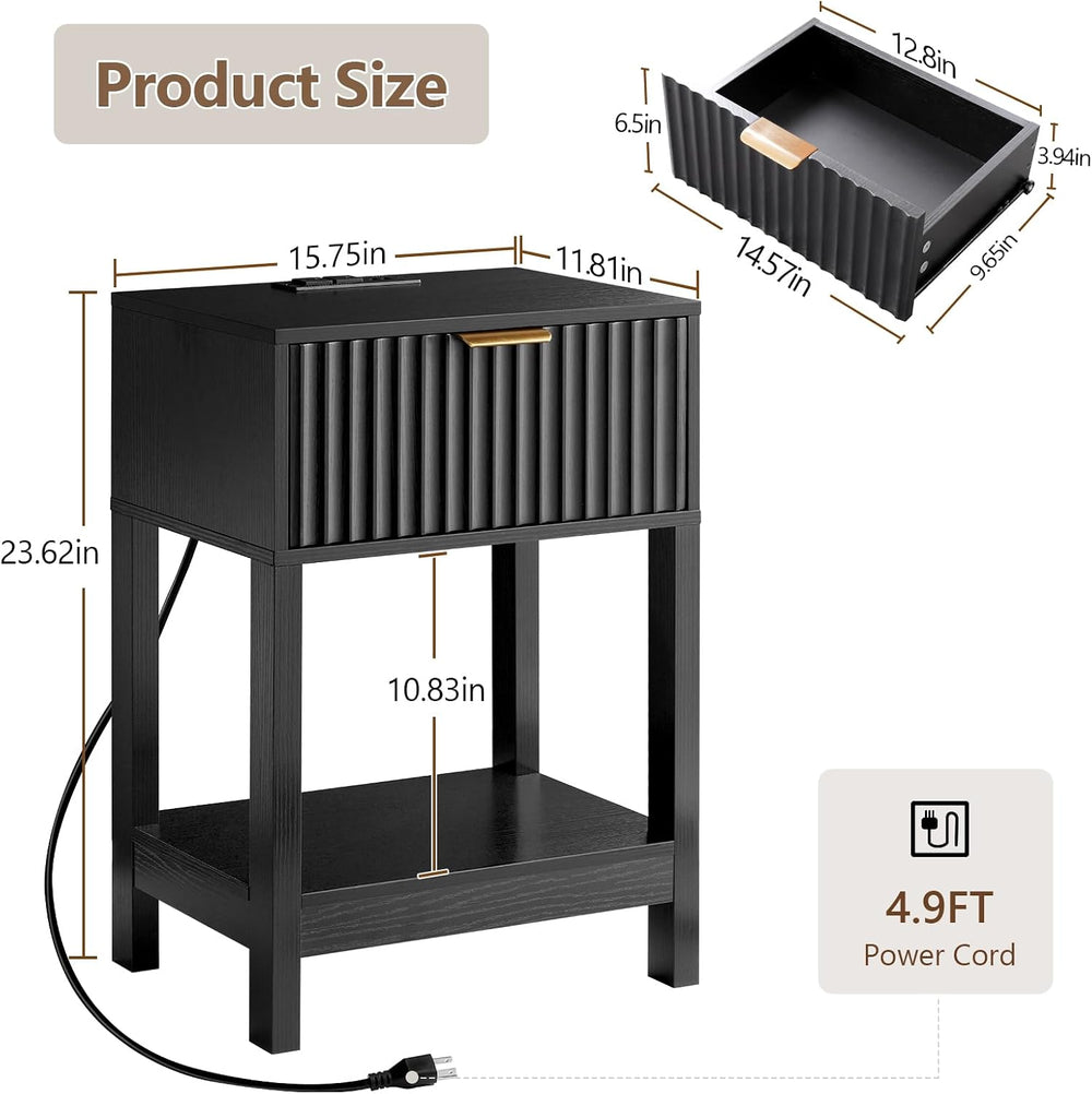 Nasonet Night Stand Set 2, Fluted Nightstand with Charging Station, Wood Beds...