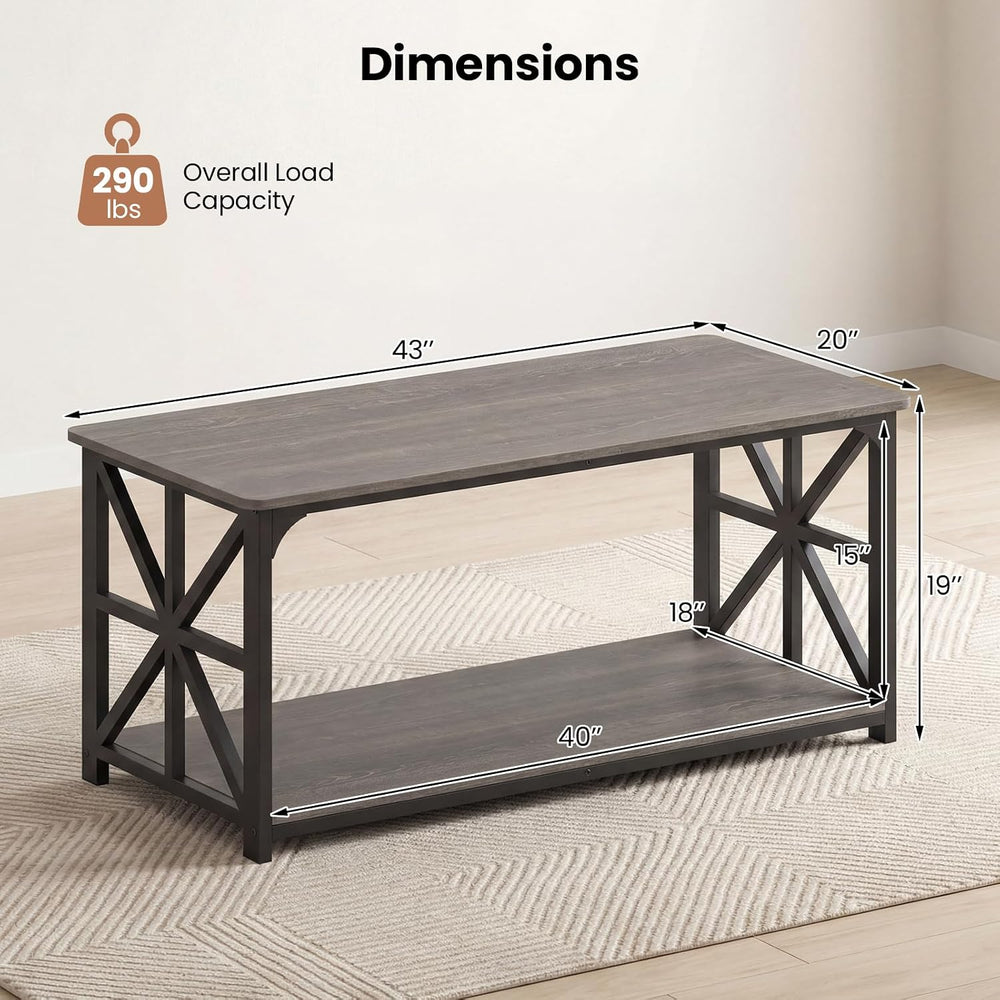 GIANTEX Farmhouse Coffee Table, 43" Center Table with Storage, Grey Oak