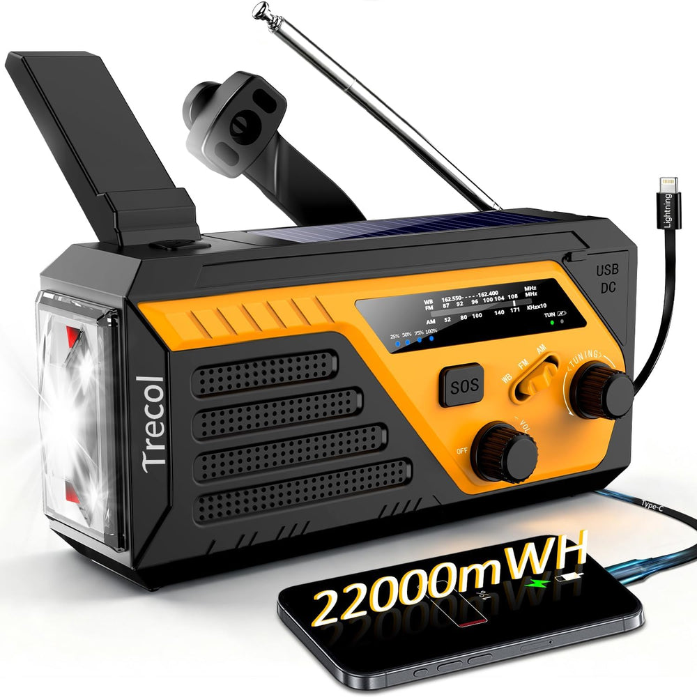 Emergency Radio Solar with 2 Charging Cables, 22000mWh NOAA Weather Radio