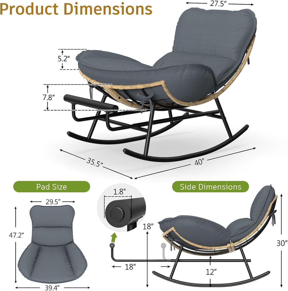 ZENPETIO Papasan Rocking Chair - 500LBS Oversized Rocer with Footrest