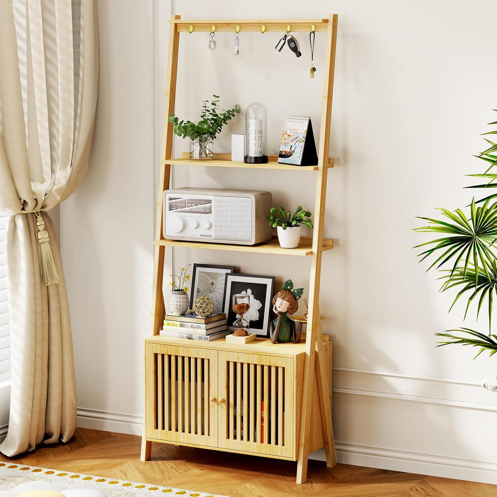 Bookshelf with Drawers, 4-Tier Bamboo Bookcase Ladder Shelf with 6 Hooks