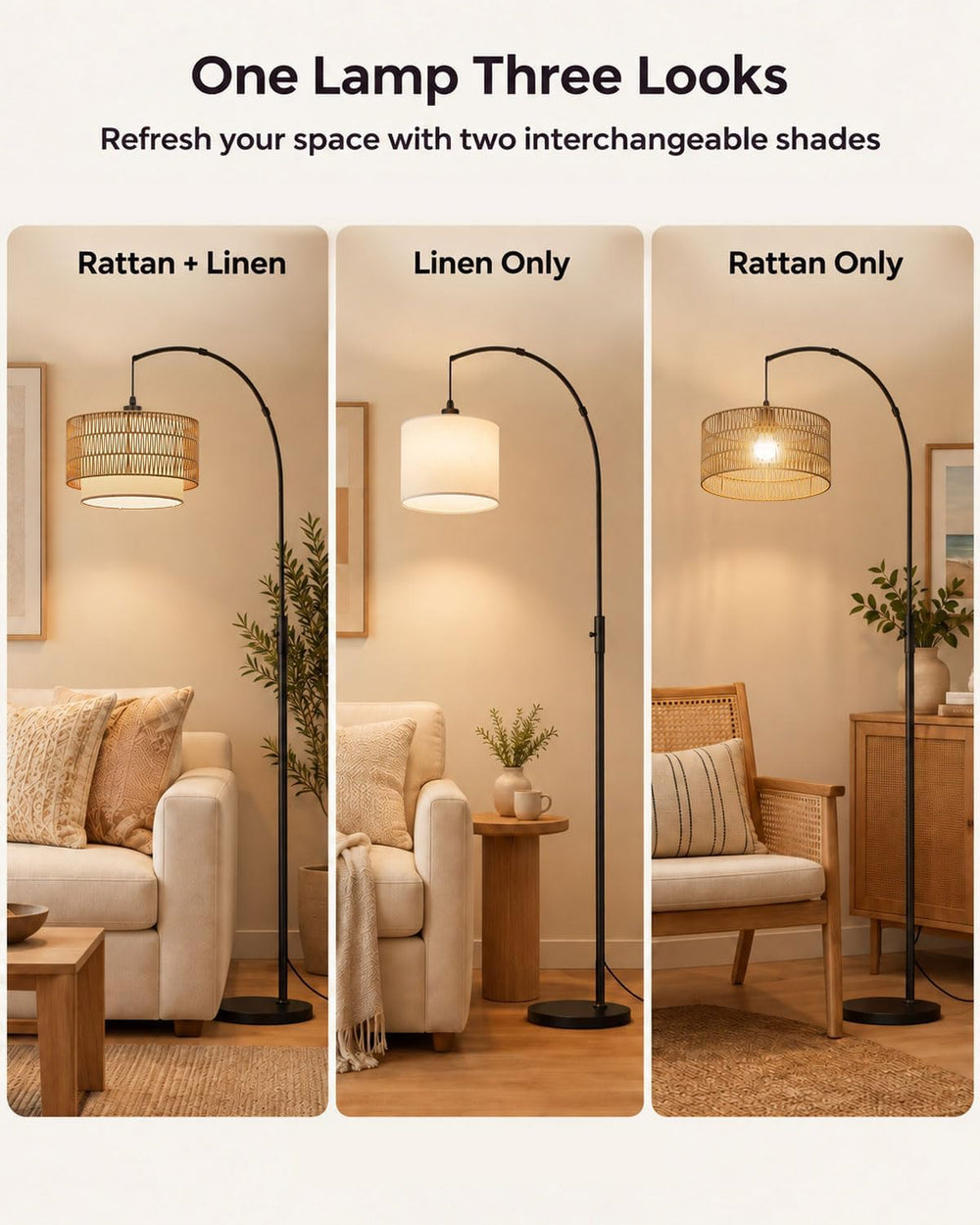 Boho Rattan Arc Floor Lamp, 71" RGB Color Changing, 3-in-1 Shade