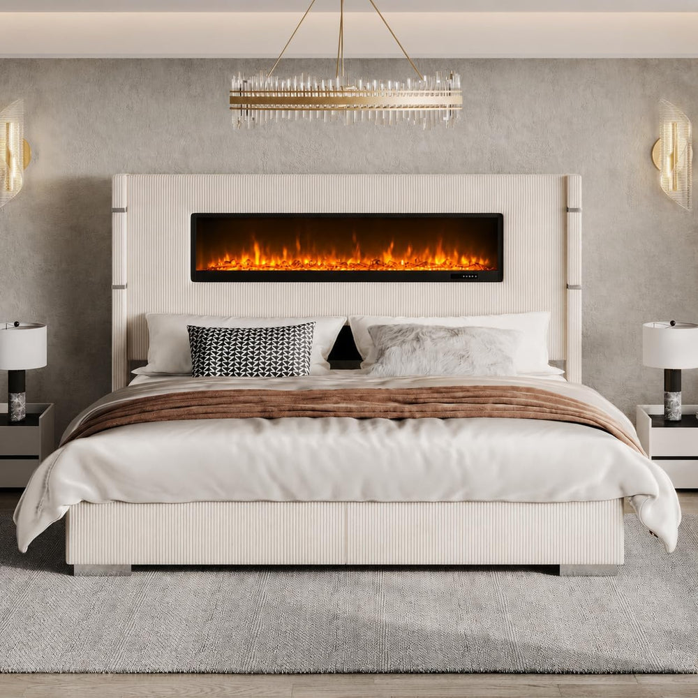 AMERLIFE King Bed Frame with Fireplace, Upholstered Headboard, Cream