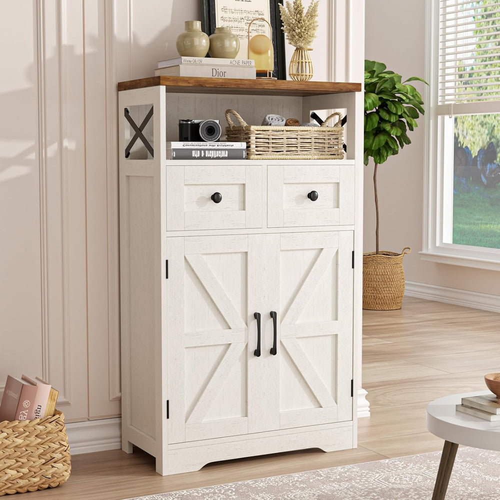 White Farmhouse Storage Cabinet with Doors and Drawers, Small Pantry Hutch