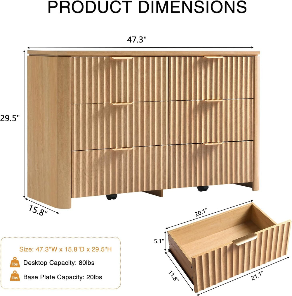 Fluted 6 Drawers Dresser for Bedroom-47.3" Wide Wooden Chest of Drawers ...