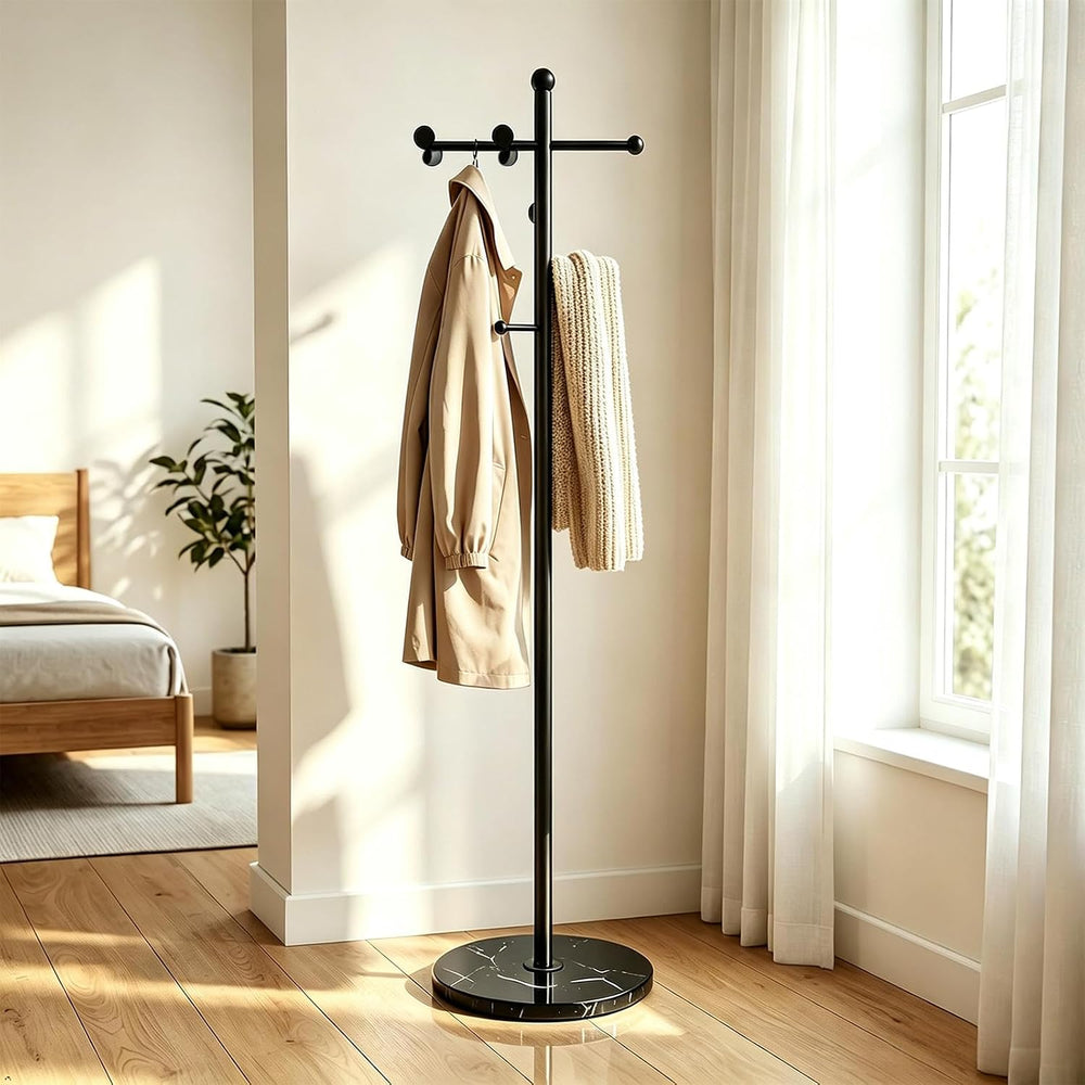 Modern Freestanding Coat Rack, with Marble Base and 8 Hooks