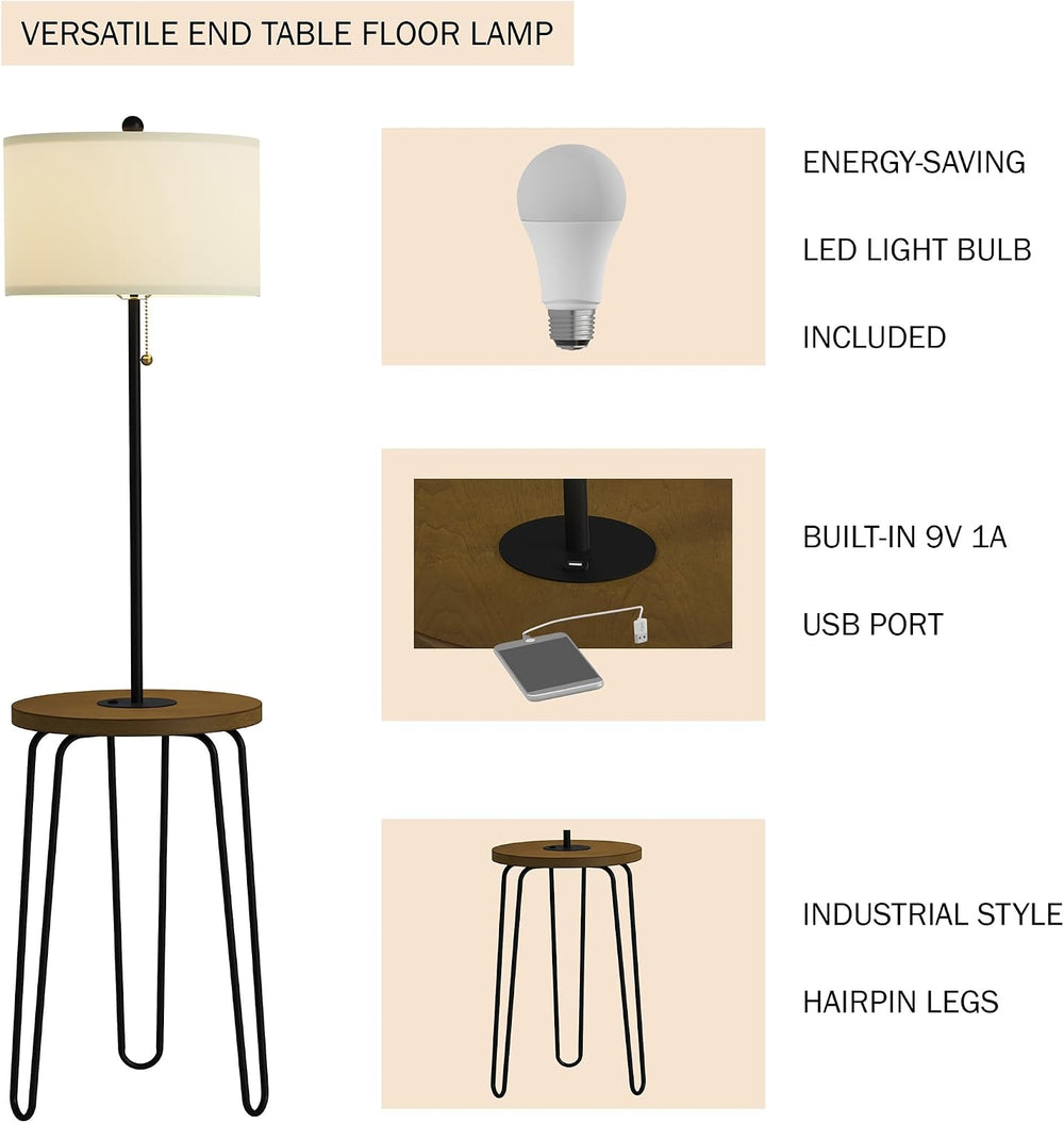 Lavish Home Floor Lamp with Built-in End Table, Brown/Black, 17” x 59”