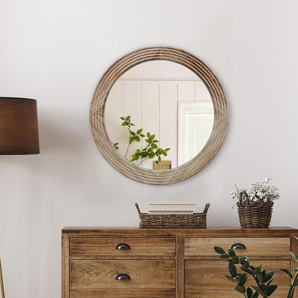LOSOUR Round Mirror, Farmhouse Decor Solid Wood Frame Wall Circle Mirror, Dec...
