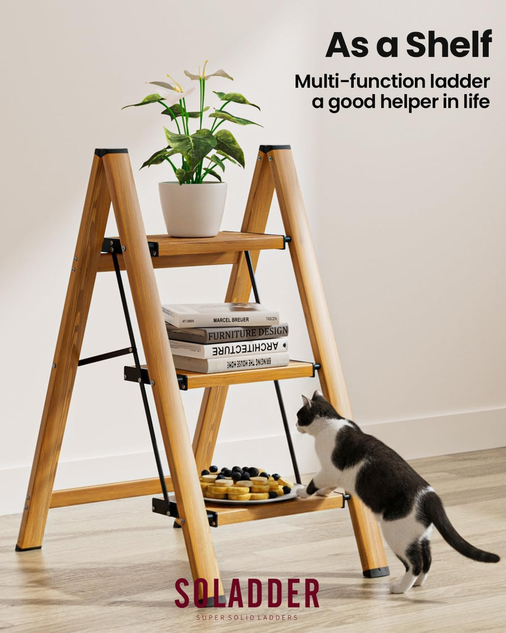 SOLADDER Step Ladder, Folding Step Stool, Lightweight Stepladder, 3 Step, Woo...