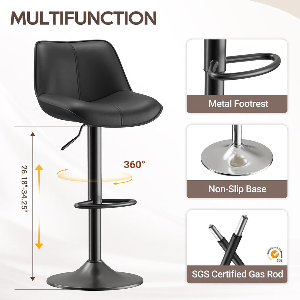 Bar Stools Set of 4, Adjustable Swivel Faux Leather Barstools 26-34inch with ...
