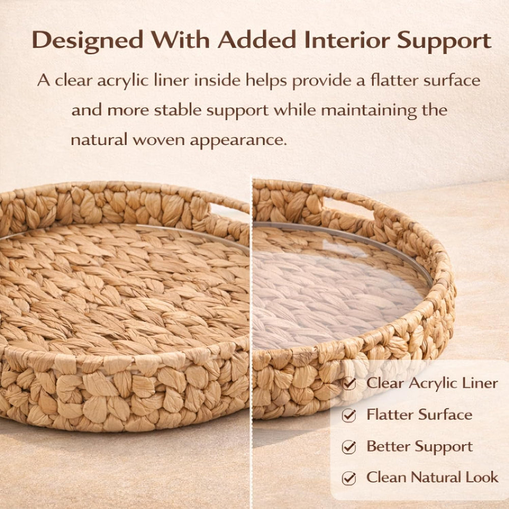 Round Woven Rattan Tray with Clear Acrylic Insert and Handles, Water Hyacinth...