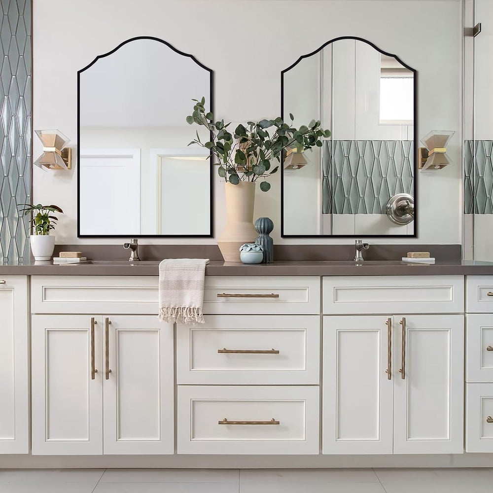 Black Scalloped Arched Wall Mirror for Bathroom, 36"x24"