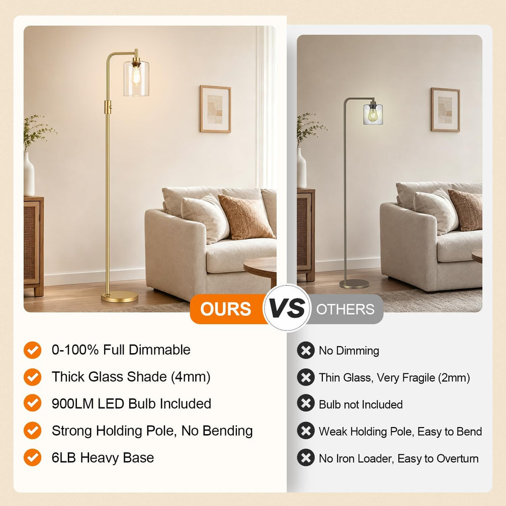 【Upgraded】 Dimmable Floor Lamp for Living Room with Clear Glass Lampshade, Go...