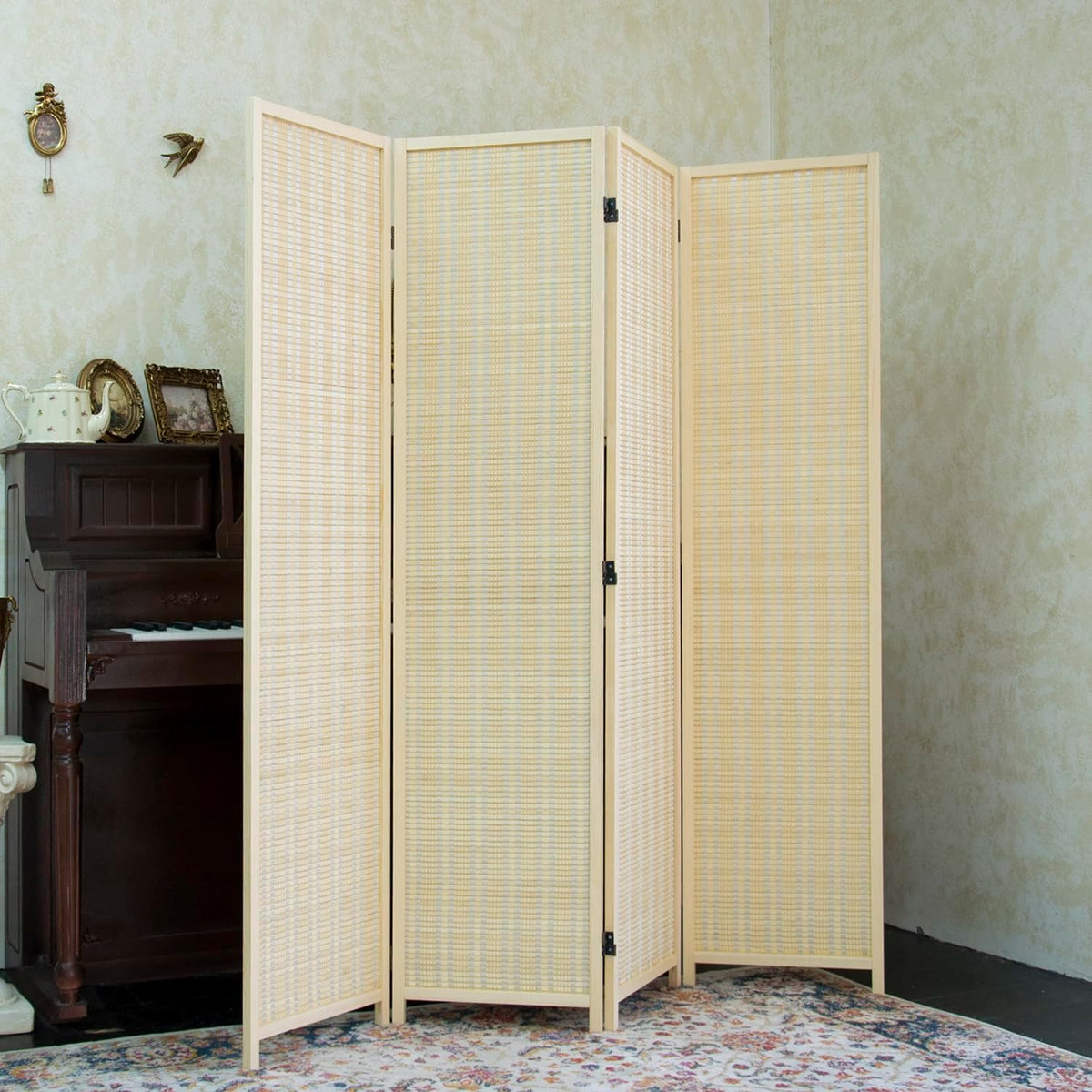 Furnnylane 4 Panel Bamboo Room Divider - 5.6 ft Tall Folding Privacy Screen, Natural Beige Freestanding Partition Wall for Home Office & Room Separation (67" H x 61.4" W)