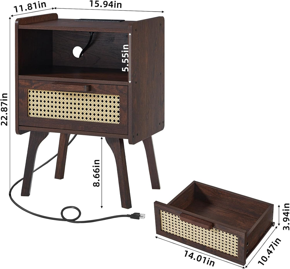 Lerliuo Rattan Nightstand with Charging Station, Side Table with Drawer