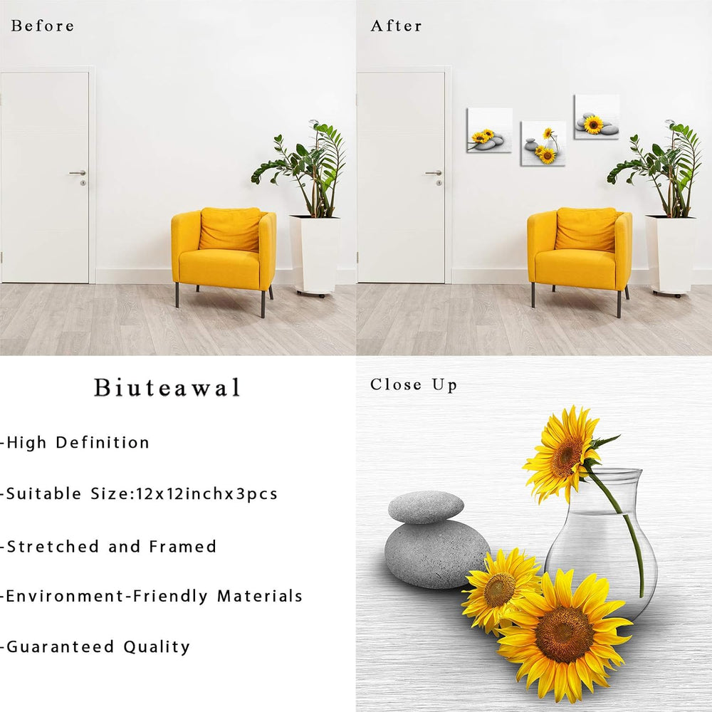 Biuteawal Sunflower Canvas Wall Art 3 Pieces Yellow and Grey Painting Relaxin...