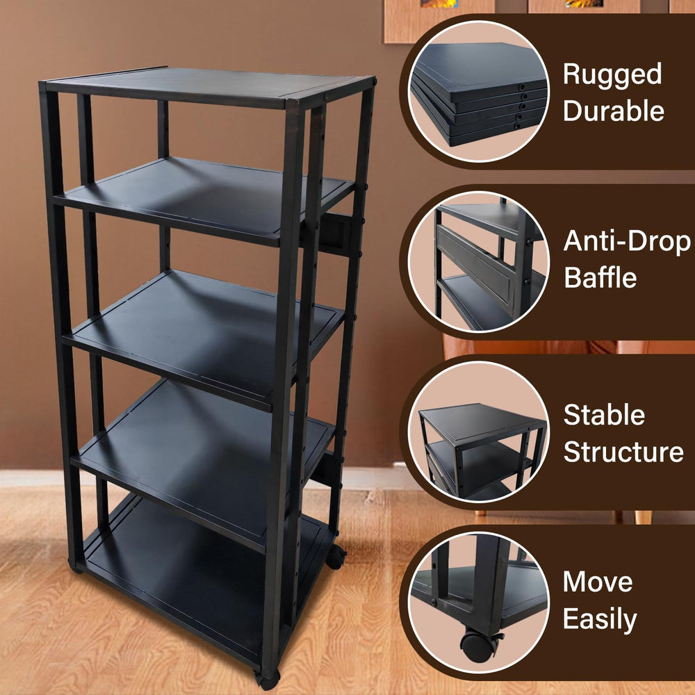5-Tier AV Media Stand with Wheels, Modern Mobile Stereo Cabinet
